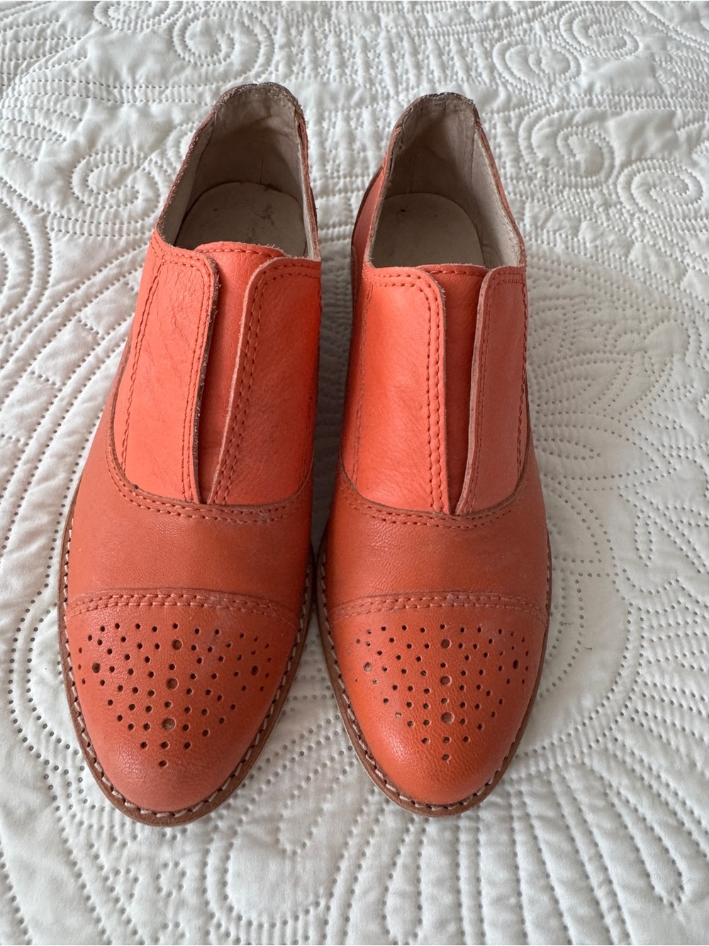 Women’s Orange Leather Slip-On Brogue Shoes